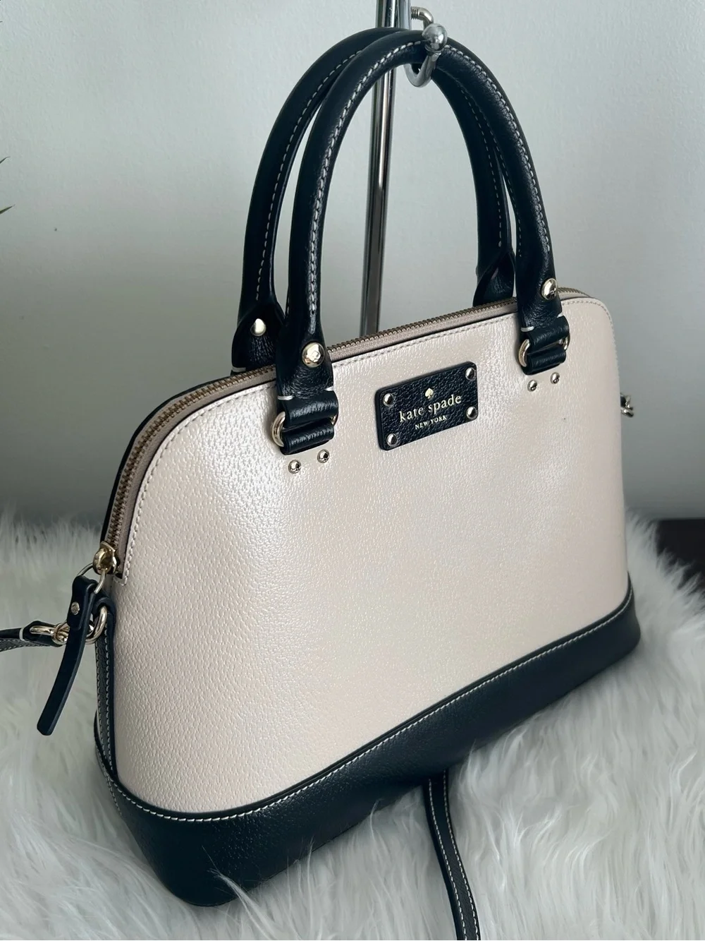Kate Spade Cream Black Leather Dome Satchel Crossbody Shoulder Bag